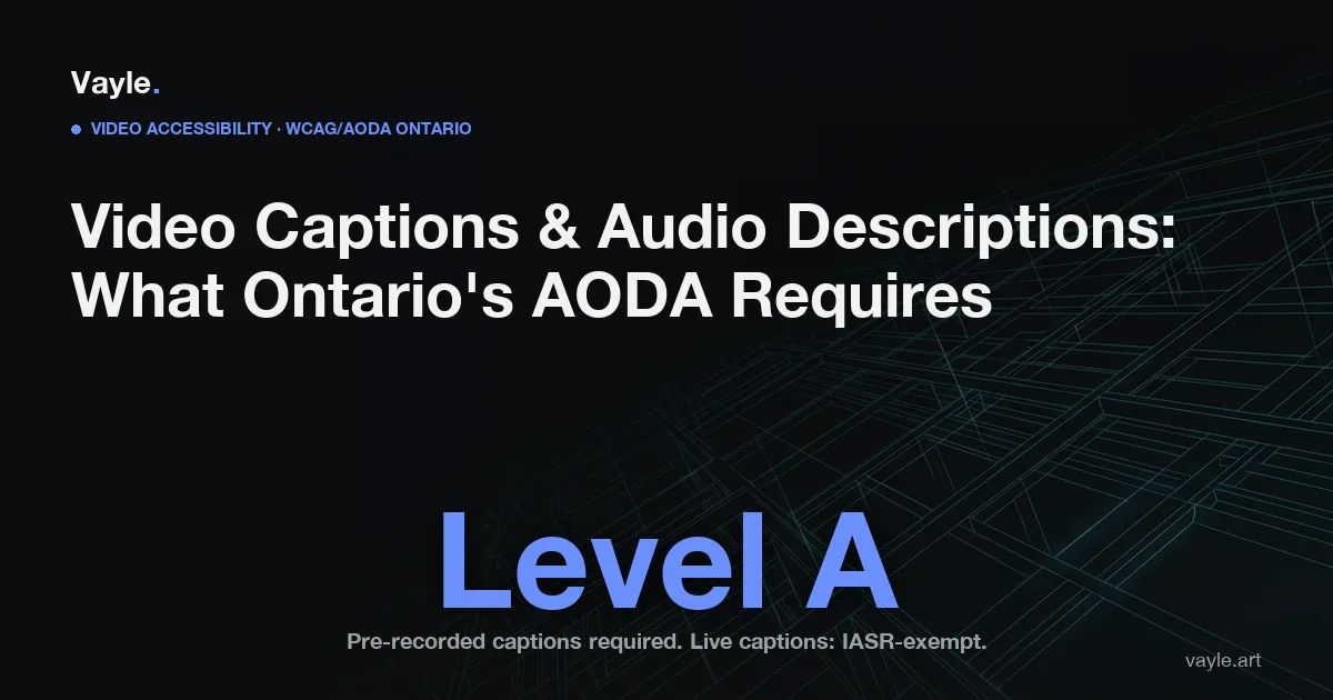 Text card: Ontario IASR s.14 requires pre-recorded video captions (WCAG 1.2.2 Level A) but explicitly exempts live captions (1.2.4) and audio descriptions (1.2.5). ACR deadline December 31, 2026.