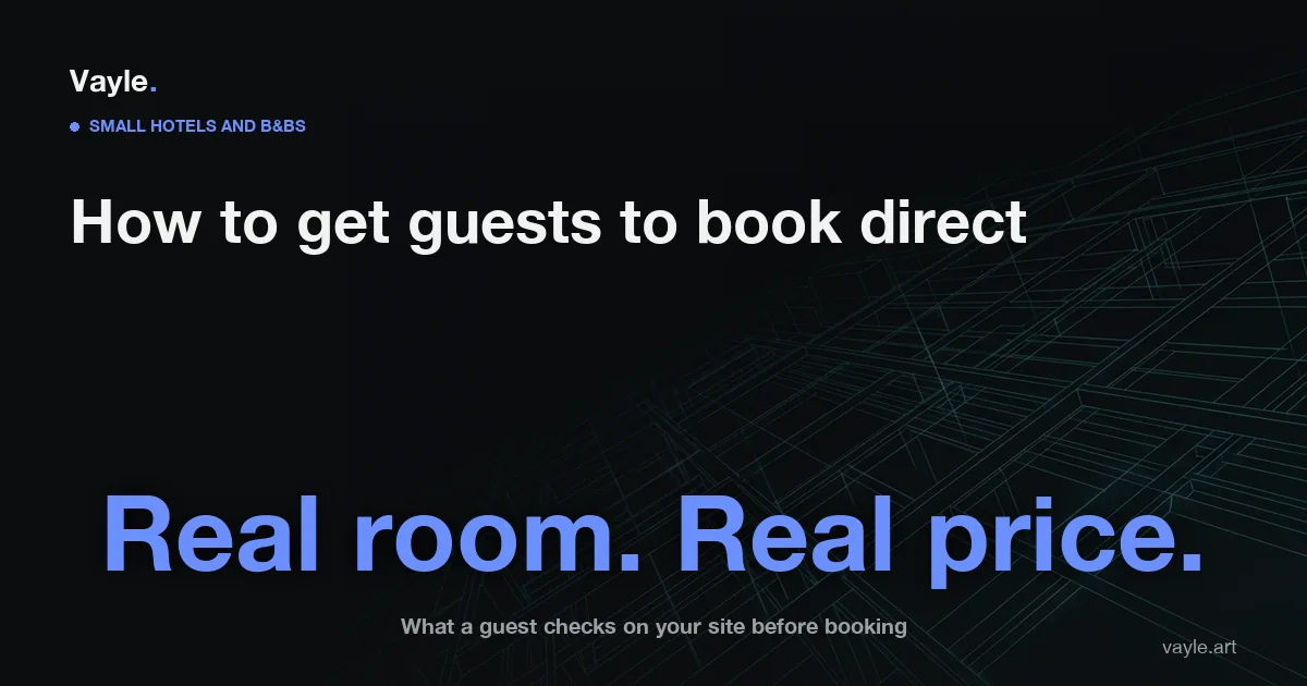Vayle blog hero with the headline How to get guests to book direct, and the line Real room. Real price. on a dark background of thin grid lines.