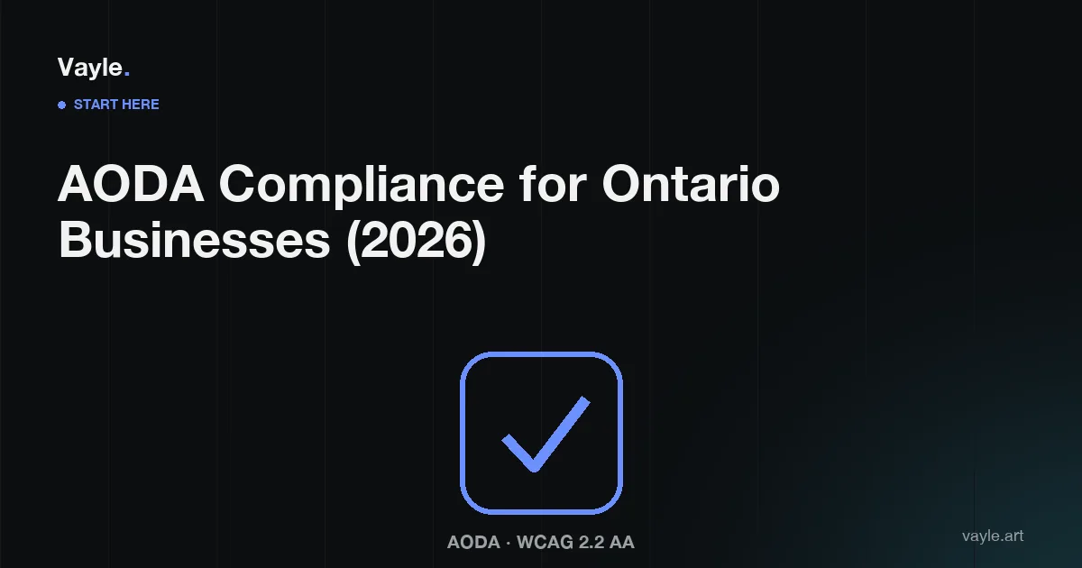 Editorial poster: a blue check-mark inside a rounded square badge - AODA & WCAG 2.2 AA hub guide.