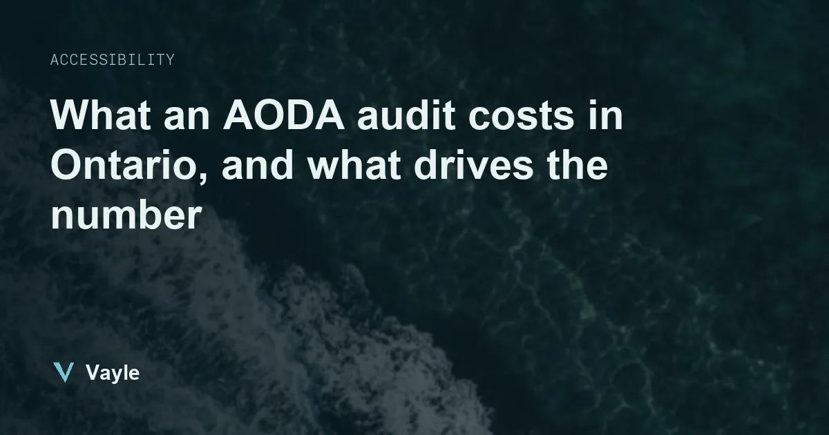 Headline on a dark sea background: what an AODA audit costs in Ontario, and what drives the number.