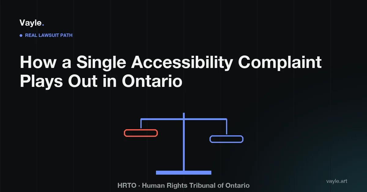 Editorial poster: a minimalist scales-of-justice motif representing the Human Rights Tribunal of Ontario.