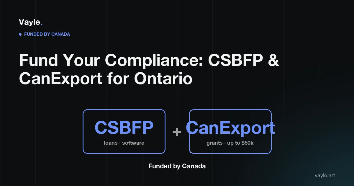 Editorial poster: two blue-bordered cards labelled CSBFP (loans) and CanExport (grants).