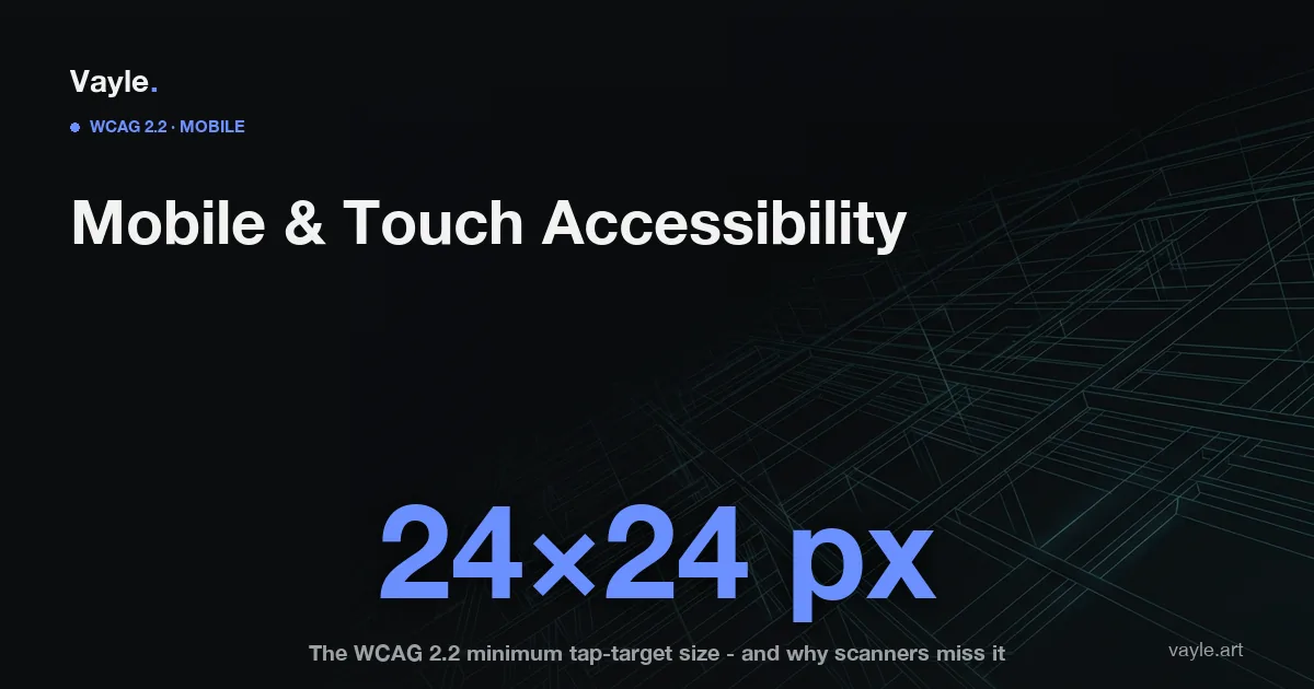 Editorial cover: the headline 'Mobile & Touch Accessibility' over the figure '24×24 px', the WCAG 2.2 minimum tap-target size, which scanners miss.