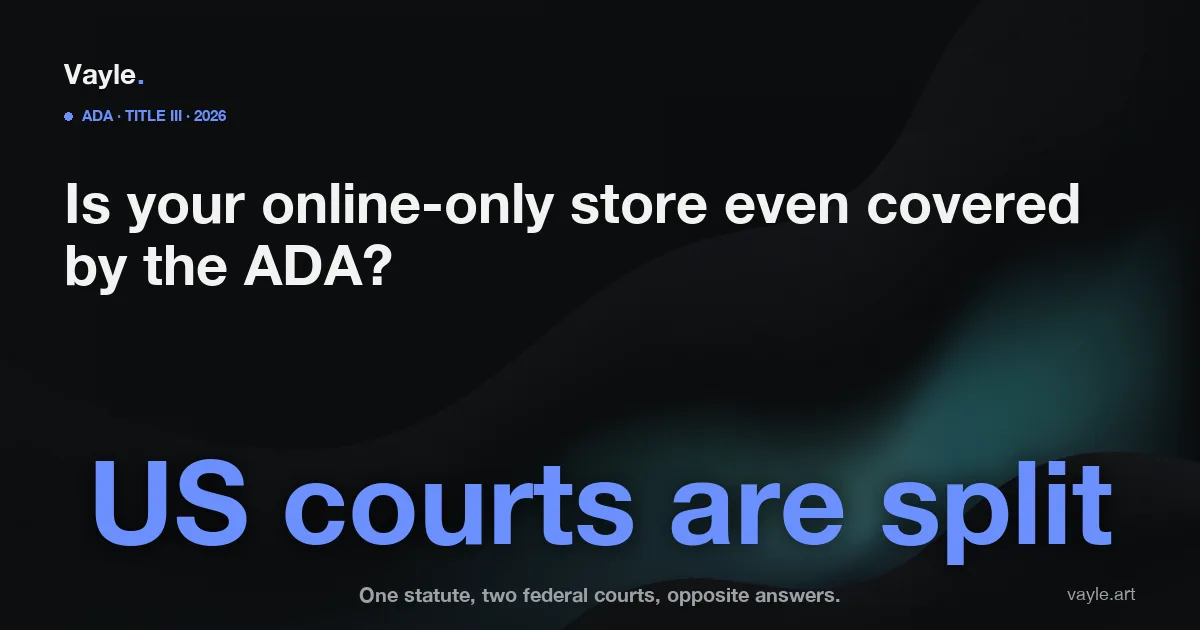 Editorial graphic: US federal courts are split on whether an online-only store's website is a place of public accommodation under ADA Title III.