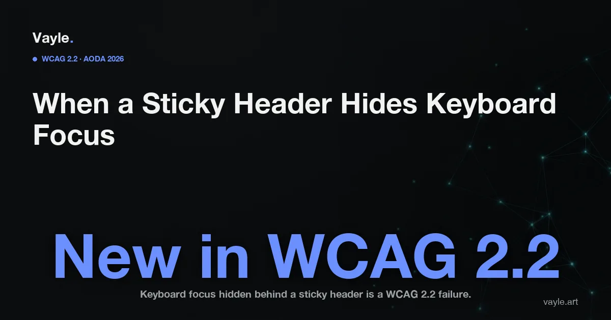 Editorial cover: the headline 'When a Sticky Header Hides Keyboard Focus' over the words 'New in WCAG 2.2', captioned that keyboard focus hidden behind a sticky header is a WCAG 2.2 failure.