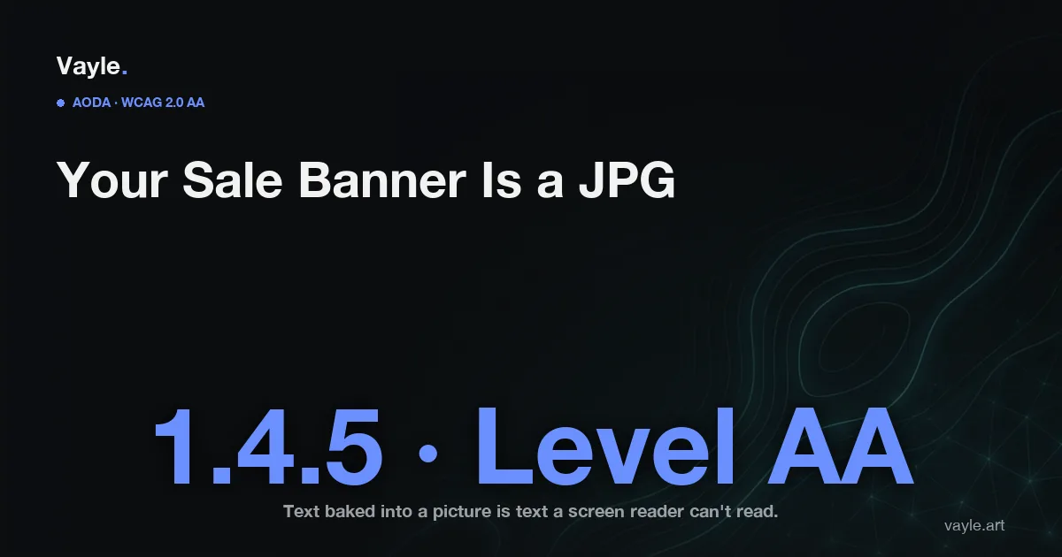 Editorial hero for a Vayle guide on WCAG 1.4.5 Images of Text, reading 'Your Sale Banner Is a JPG' with the label 1.4.5 Level AA, on the Vayle brand background.
