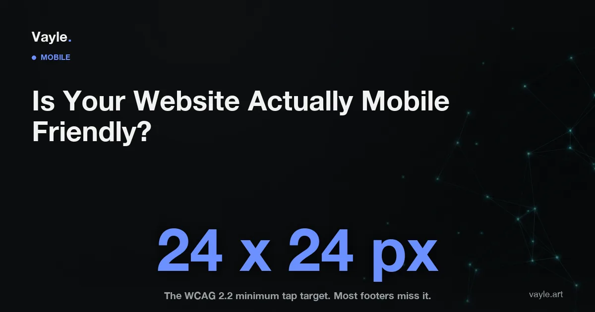 Dark editorial card reading: is your website actually mobile friendly, with the figure 24 by 24 pixels as the minimum tap target size