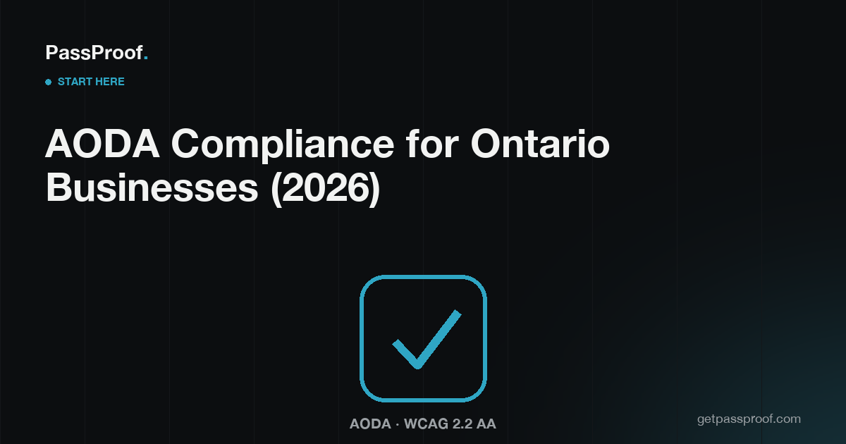 Editorial poster: a teal check-mark inside a rounded square badge — AODA & WCAG 2.2 AA hub guide.