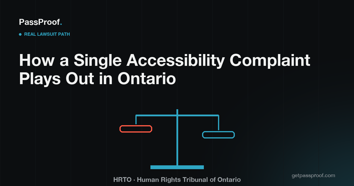 Editorial poster: a minimalist scales-of-justice motif representing the Human Rights Tribunal of Ontario.