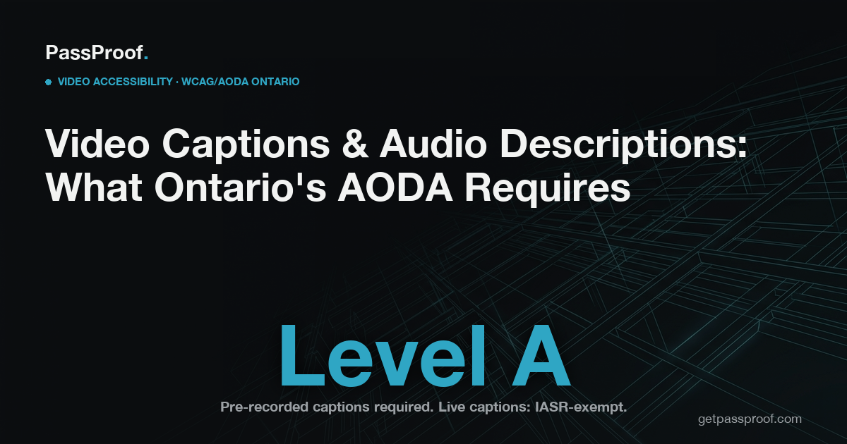 Text card: Ontario IASR s.14 requires pre-recorded video captions (WCAG 1.2.2 Level A) but explicitly exempts live captions (1.2.4) and audio descriptions (1.2.5). ACR deadline December 31, 2026.