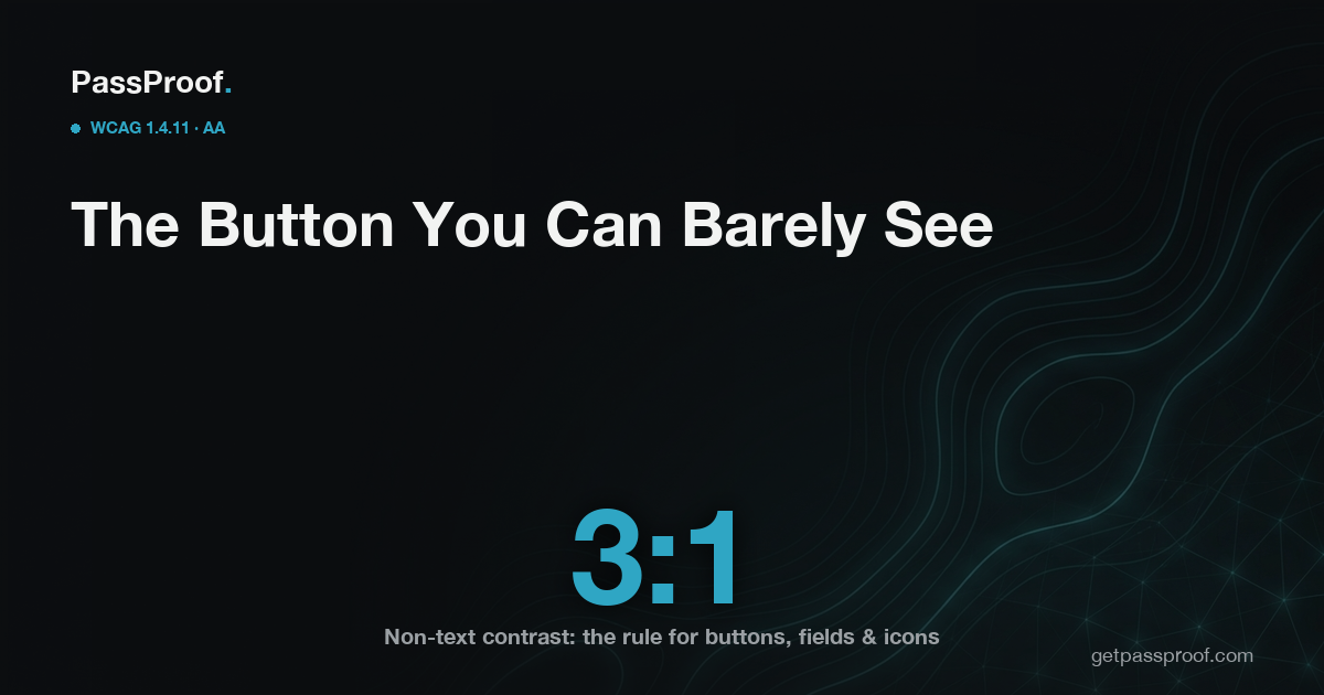 Illustration of a faint low-contrast button and form field against a pale background, with the WCAG 1.4.11 minimum non-text contrast ratio of 3 to 1 shown large; Vayle accessibility guide for Ontario.
