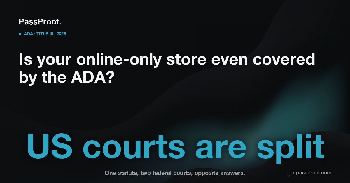 Editorial graphic: US federal courts are split on whether an online-only store's website is a place of public accommodation under ADA Title III.
