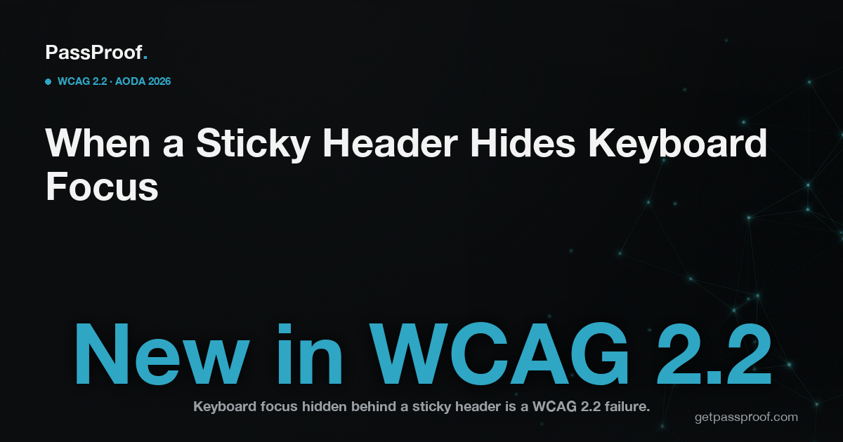 Illustration of a website sticky header sliding over a keyboard-focused link, with the WCAG 2.2 criterion 2.4.11 Focus Not Obscured named alongside.