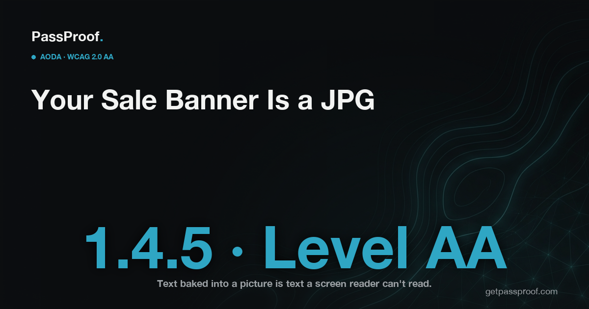 Editorial hero for a Vayle guide on WCAG 1.4.5 Images of Text, reading 'Your Sale Banner Is a JPG' with the label 1.4.5 Level AA, on the Vayle brand background.