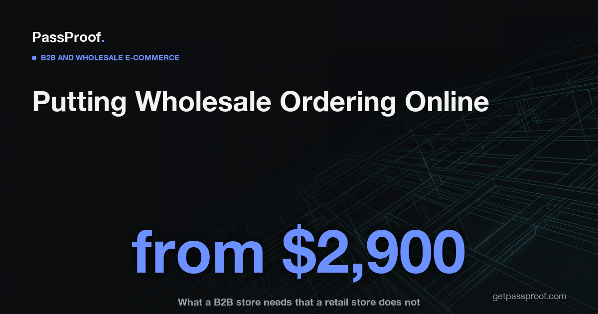 Editorial hero graphic for an article on building a B2B wholesale ordering portal, with the headline and the starting price for e-commerce and B2B builds.