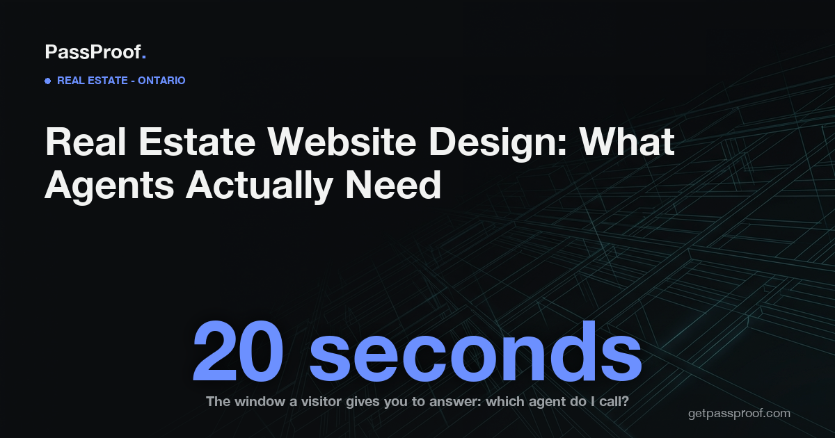 Editorial hero: Real estate website design, what agents actually need, with the phrase twenty seconds.