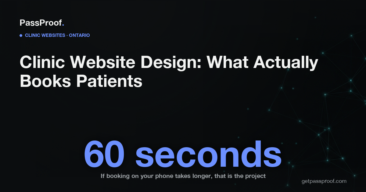 Dark editorial blog hero for Vayle reading Clinic Website Design: What Actually Books Patients, with the dominant line 60 seconds and a caption about booking on a phone.