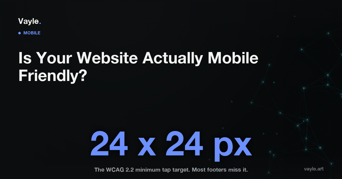 Dark editorial card reading: is your website actually mobile friendly, with the figure 24 by 24 pixels as the minimum tap target size