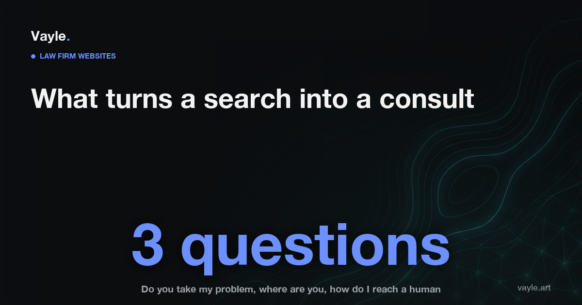 Dark editorial card reading: law firm websites, what turns a search into a consult, three questions a visitor must answer in fifteen seconds
