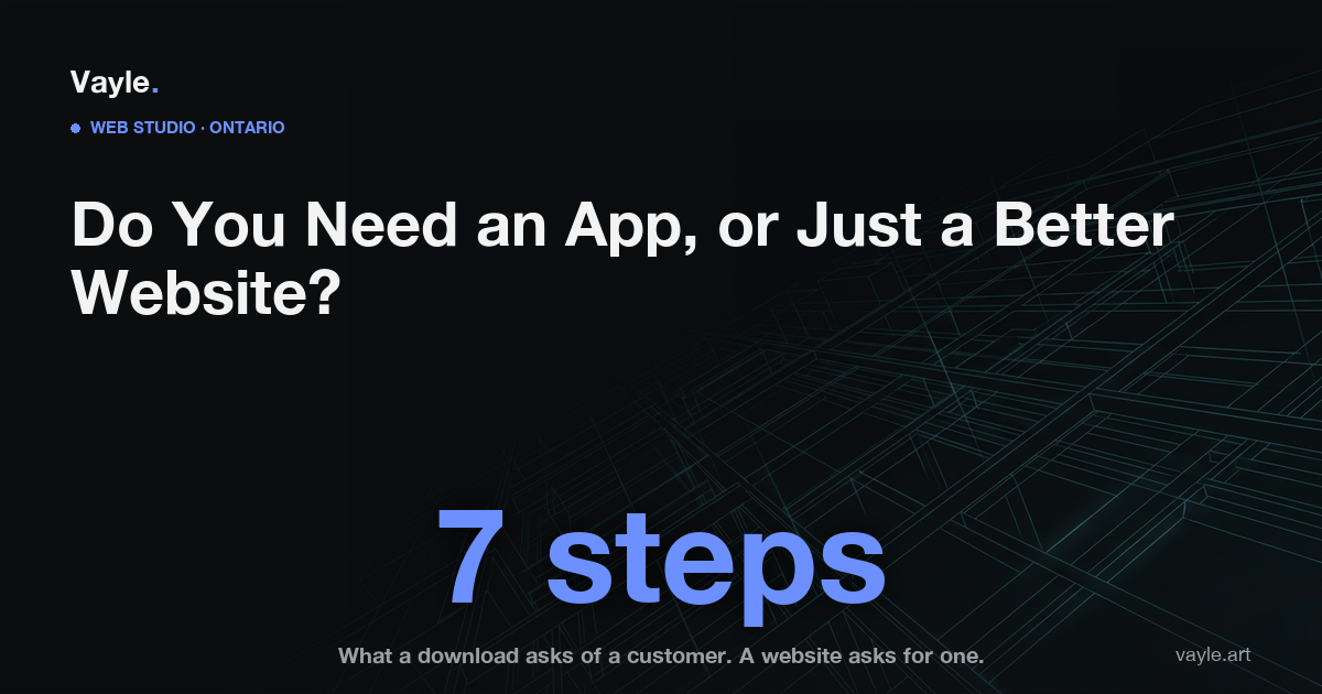 Dark editorial hero card reading Do You Need an App, or Just a Better Website, with the phrase seven steps set large and a caption explaining that downloading an app takes seven steps while a website takes one.