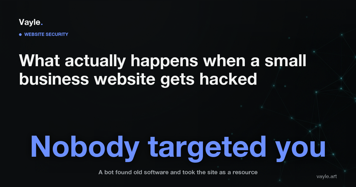 Dark editorial hero card reading What actually happens when a small business website gets hacked, with the line Nobody targeted you