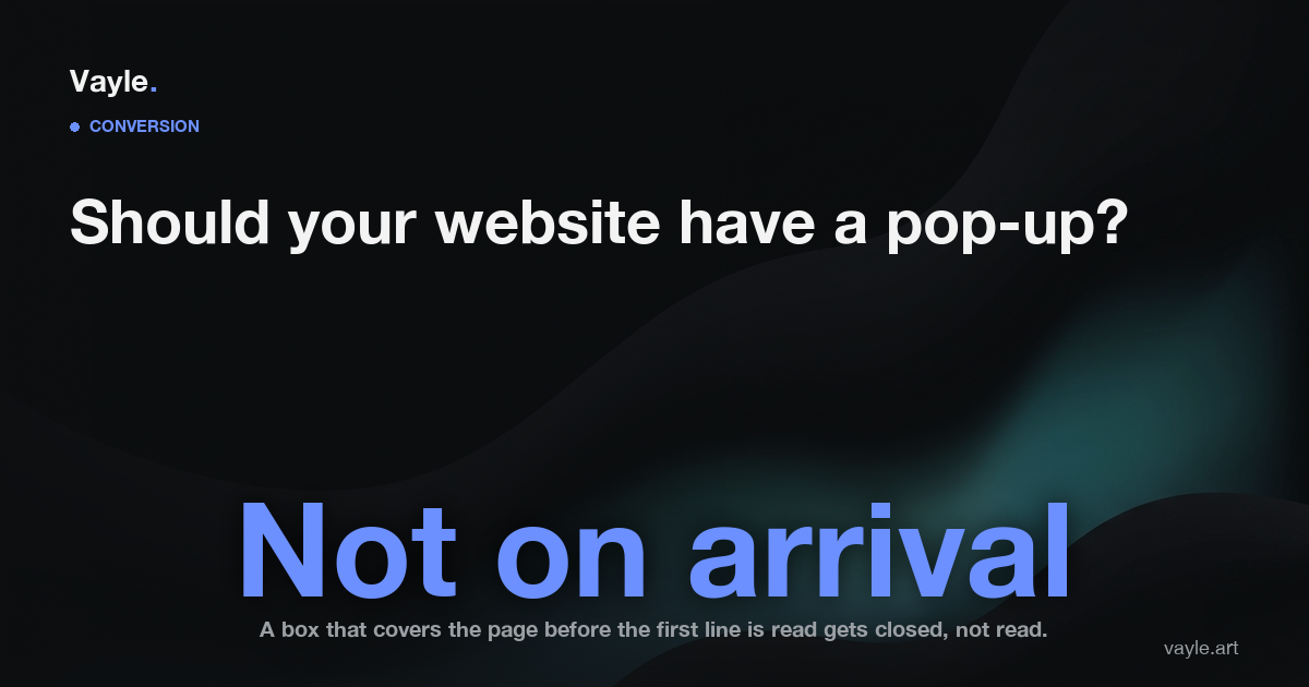 Hero card reading 'Should your website have a pop-up?' with the answer 'Not on arrival' beneath it.
