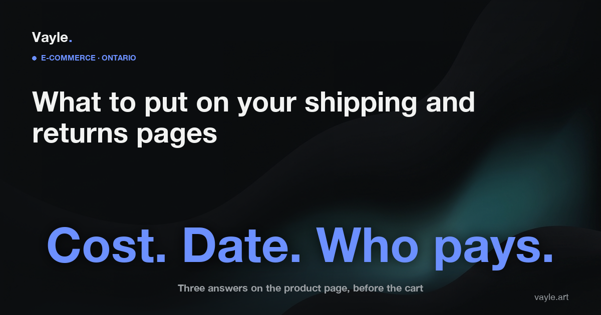 Blog hero for What to Put on Your Shipping and Returns Pages: the words Cost, Date, Who pays in large type, with a caption that the three answers belong on the product page before the cart